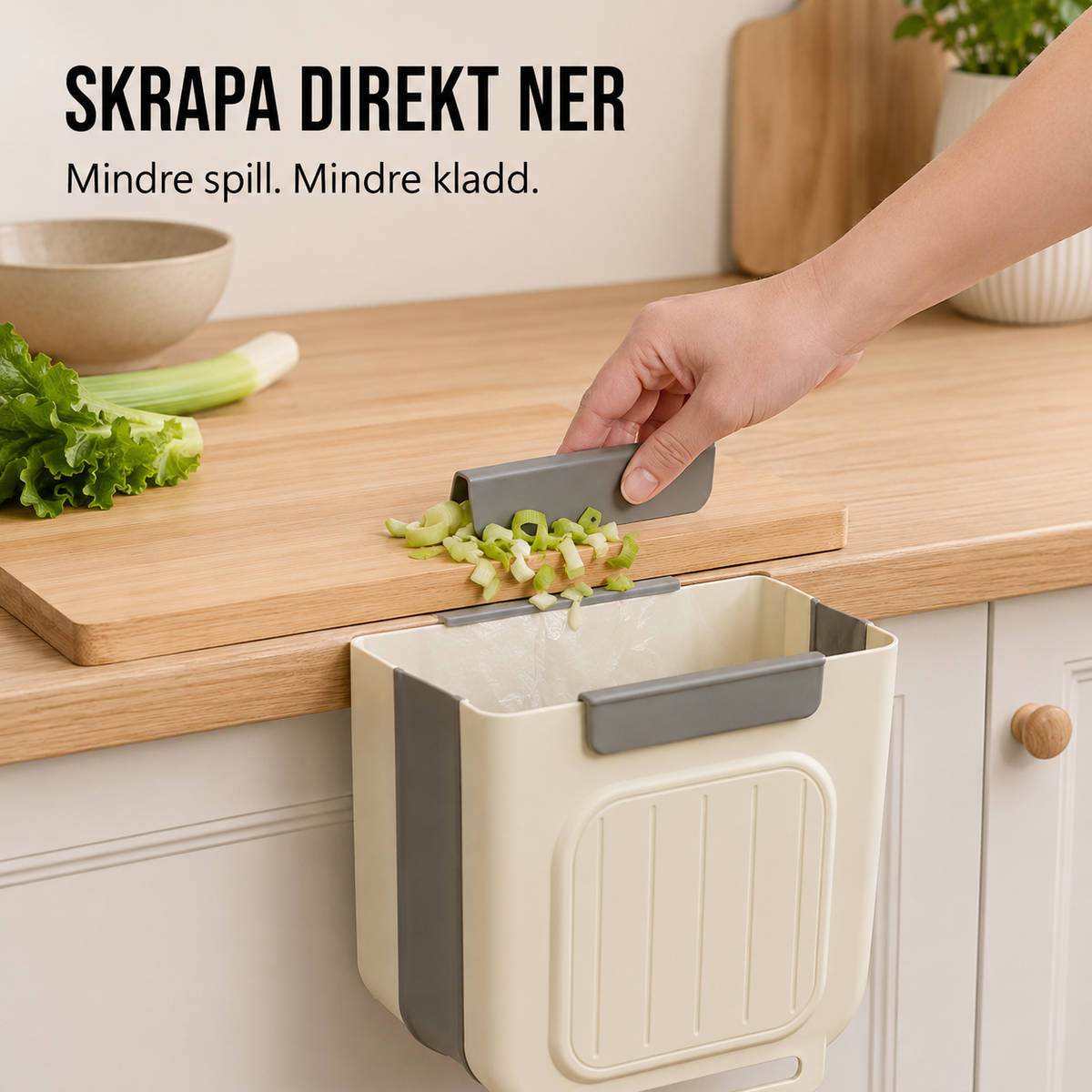 KökSmart™ – Hopfällbar kökssoptunna med skrapa